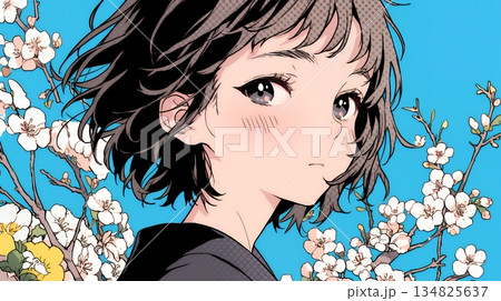 満開の梅の花と和服姿の若い女性