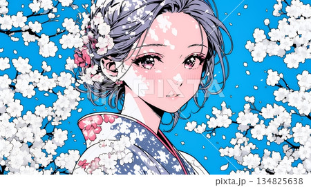 満開の梅の花と和服姿の若い女性
