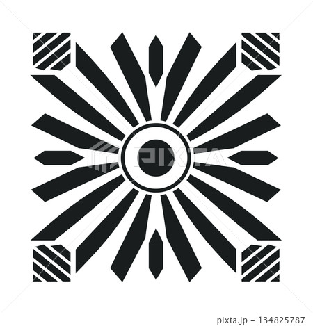 Geometric starburst design in black and white with striped square accents 134825787