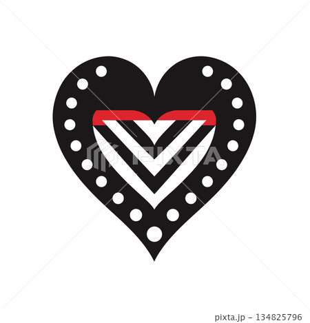 Black heart shape with dots and chevron pattern on white background 134825796
