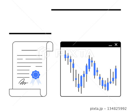 Business strategy, trading education, stock market analysis, certification process, investment tools, economic growth. Scroll document with seal and candlestick chart. Business strategy and trading Business strategy, trading education, stock market analysis, certification process, investment tools, economic growth. Scroll document with seal and candlestick chart. Business strategy and trading 134825992