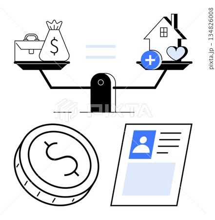 Financial planning, healthcare costs, life balance, work-life equilibrium, priorities, decision-making. Scales balancing money and health icons, coin and ID visuals. Financial planning Financial planning, healthcare costs, life balance, work-life equilibrium, priorities, decision-making. Scales balancing money and health icons, coin and ID visuals. Financial planning 134826008