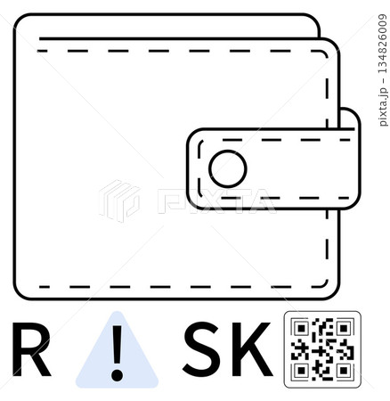 Financial safety, digital banking, payment security, risk assessment, online transactions, data protection. Black outline of a wallet, warning sign QR code. Financial safety and payment security 134826009