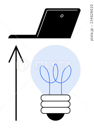 Innovation, technology, creative ideas, progress, business growth, brainstorming. Minimalist graphic of a laptop, arrow and light bulb. Innovation and technology in a growth-themed design 134826010