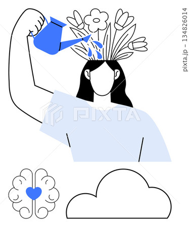 Self-care, mindfulness, personal growth, emotional well-being, mental health, positivity. Woman watering plants growing from her head, brain with heart and cloud icon. Self-care and mindfulness 134826014