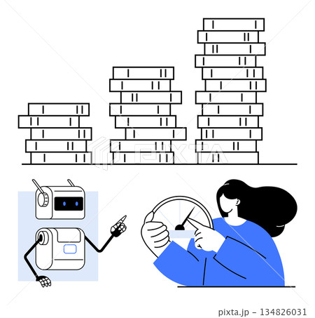 Finance, automation, business growth, future tech, strategic planning, innovation. Woman with steering wheel and robot pointing at growing stacks of coins. Finance and automation concept Finance, automation, business growth, future tech, strategic planning, innovation. Woman with steering wheel and robot pointing at growing stacks of coins. Finance and automation concept 134826031