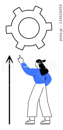 Business growth, innovation, problem-solving, teamwork, automation, strategy. Woman pointing at a gear icon with an upward arrow. Business growth and innovation concept 134826059