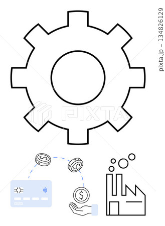 Industry, automation, economic processes, digital transactions, business solutions, and manufacturing. Gear, factory currency icons with a payment card. Automation and economic processes 134826129