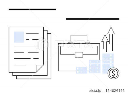 Business development, financial strategy, investment planning, corporate management, economic growth, professional tools. Graph showing rising trends, briefcase documents and coin stack. Business 134826163