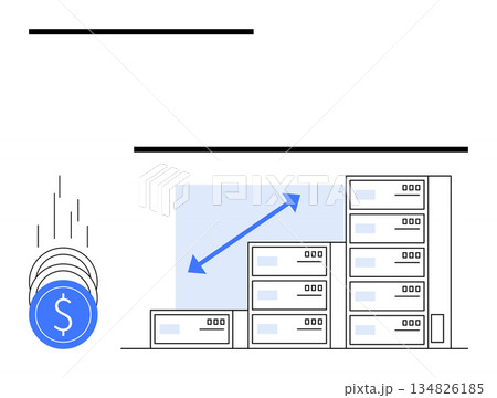 Data storage solutions, financial investments, IT infrastructure, cloud computing, technology growth, business scalability. A stack of servers with growth arrows and a falling coin symbol. Data 134826185