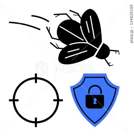 Pest control, threat elimination, digital protection, infestation prevention, secure systems, and hygiene. Fly silhouette, target focus and security shield icon. Pest control and threat elimination Pest control, threat elimination, digital protection, infestation prevention, secure systems, and hygiene. Fly silhouette, target focus and security shield icon. Pest control and threat elimination 134826189