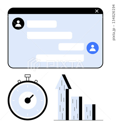 Time management, productivity tools, data analysis, online communication, growth tracking, workflow optimization. Chat window with user icons, stopwatch growth chart. Productivity and time 134826194