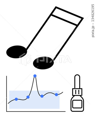 Music trends, data analysis, streaming, statistics, sound metrics, health research. Musical note, graph with data points and dropper icon. Music trends and data analysis concepts Music trends, data analysis, streaming, statistics, sound metrics, health research. Musical note, graph with data points and dropper icon. Music trends and data analysis concepts 134826195