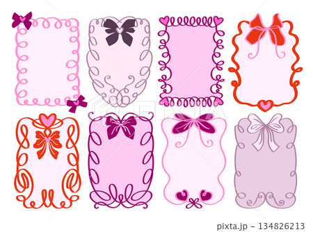 Lace wavy wedding frames set with bows and hearts. Vintage collection of hand drawn rectangular borders. Elegant designs, cute linear background decor, simple card decorations. Invitations cards. 134826213