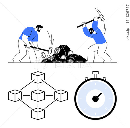 Cryptocurrency, blockchain technology, time management, data mining, digital networks, decentralized systems. Two individuals mining digital blocks, clock and blockchain network icons. Cryptocurrency 134826727