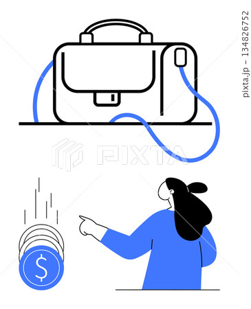 Finance, business planning, entrepreneurship, investment strategies, savings, economic growth. Briefcase with coins and person pointing. Finance and business planning 134826752