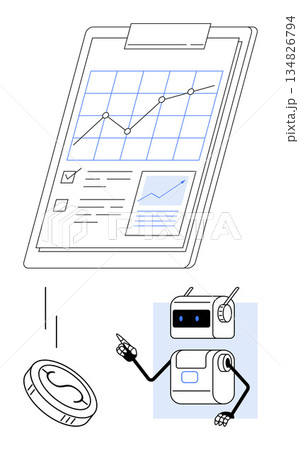 Financial analysis, business tools, AI automation, technological finance, future investment, data management. Chart clipboard, robot assistant coin drop. Financial analysis and business tools ion Financial analysis, business tools, AI automation, technological finance, future investment, data management. Chart clipboard, robot assistant coin drop. Financial analysis and business tools ion 134826794