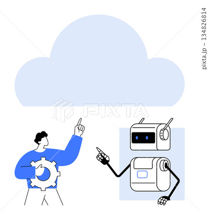 Cloud technology, AI interaction, automation, innovation, robotics, digital transformation. Human holding a gear and a robot pointing towards a cloud. Cloud technology and AI interaction concept 134826814