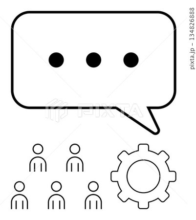 Teamwork, collaboration, communication tools, workflow management, group discussion, problem-solving. Speech bubble above people and a gear. Communication tools and teamwork concepts 134826888
