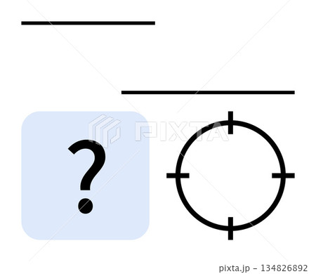 Decision-making, accuracy focus, uncertainty, problem-solving, goals, targeting. A question mark in a blue square next to a target symbol. Decision-making and accuracy focus concept 134826892