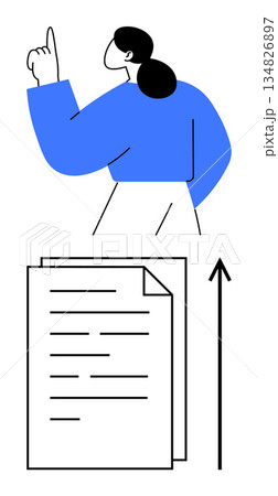 Professional growth, goal achievement, upward mobility, office work, career advancement, document processing. A woman points upward near documents and an arrow. Professional growth and career Professional growth, goal achievement, upward mobility, office work, career advancement, document processing. A woman points upward near documents and an arrow. Professional growth and career 134826897