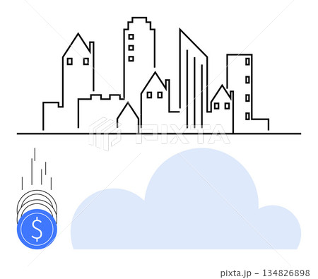 Digital transformation, finance, cloud technology, urban infrastructure, city economy, blockchain. Skyline and digital coins above a cloud. Digital transformation and finance concept Digital transformation, finance, cloud technology, urban infrastructure, city economy, blockchain. Skyline and digital coins above a cloud. Digital transformation and finance concept 134826898