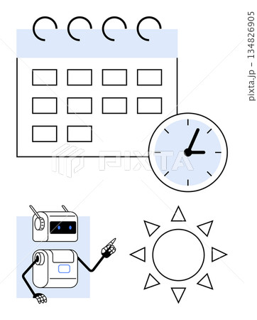 Time management, task scheduling, productivity enhancement, artificial intelligence, automation, efficiency. Calendar, clock robot pointing to a task sun. Time management and task scheduling Time management, task scheduling, productivity enhancement, artificial intelligence, automation, efficiency. Calendar, clock robot pointing to a task sun. Time management and task scheduling 134826905