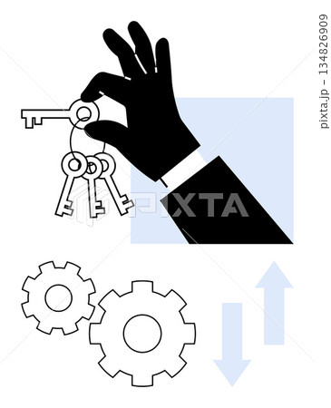 Business strategy, access control, workflow, security, teamwork, innovation. A hand holding keys, gears and arrows. Access control and workflow with symbols for processes and authority Business strategy, access control, workflow, security, teamwork, innovation. A hand holding keys, gears and arrows. Access control and workflow with symbols for processes and authority 134826909