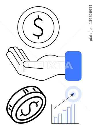 Investment strategies, financial success, business growth, money management, economic planning, profit tracking. Hand holding dollar symbol, coins and bar chart. Investment strategies and financial Investment strategies, financial success, business growth, money management, economic planning, profit tracking. Hand holding dollar symbol, coins and bar chart. Investment strategies and financial 134826911