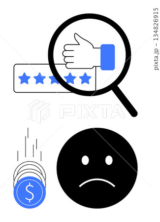 Customer feedback, financial issues, consumer reviews, online service ratings, dissatisfaction concept, business challenges. Thumbs-up under magnifying glass, falling coins sad face. Customer 134826915