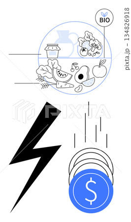 Sustainable living, organic produce, renewable energy, healthy diet, green economy, eco-conscious business. organic food, energy bolt and currency. Sustainability and eco-conscious business concept 134826918