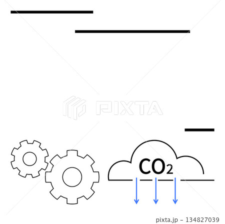 Carbon reduction, sustainability, environmental technology, emissions management, industrial processes, and innovation. Diagram of gears and a CO2 cloud with downward arrows. Carbon reduction Carbon reduction, sustainability, environmental technology, emissions management, industrial processes, and innovation. Diagram of gears and a CO2 cloud with downward arrows. Carbon reduction 134827039