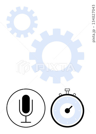 Time management, workflow organization, technology integration, content creation, efficiency, productivity. Gear icons, circle microphone and stopwatch. Productivity and time management concept 134827043