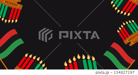 Banner Frame border of Candlestick with Burning Candles and Flags in Pan African Colors Copy space. Isolated Vector illustration Kwanza Holiday Greeting Thematic Cards Template, leaflets, Media Posts Banner Frame border of Candlestick with Burning Candles and Flags in Pan African Colors Copy space. Isolated Vector illustration Kwanza Holiday Greeting Thematic Cards Template, leaflets, Media Posts 134827197