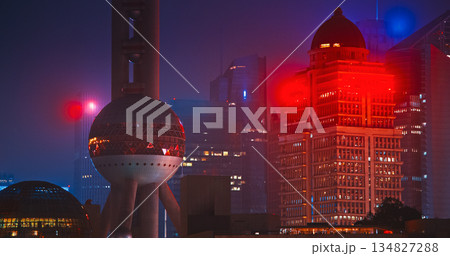 Spectacular Night View of Shanghai's Skyline with Colorful Illuminations Spectacular Night View of Shanghai's Skyline with Colorful Illuminations 134827288