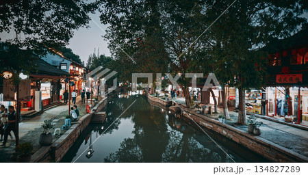 Enchanting Waterfront Market Scene with Colorful Lights at Dusk. Zhujiajiao, Shanghai, China 134827289