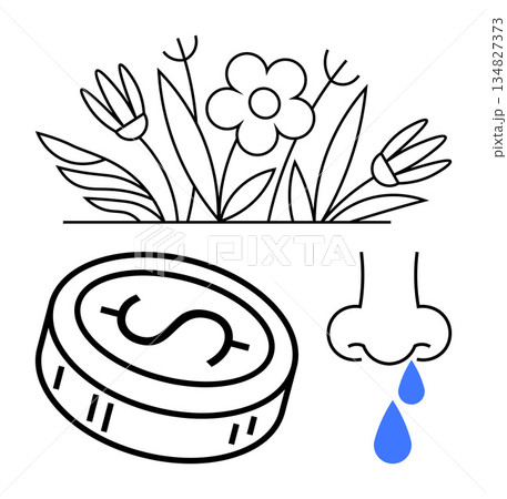 Health, seasonal allergies, financial cost, environment, economy, healthcare. Black line flowers, dripping nose and coin with dollar sign. Seasonal allergies and financial cost concept 134827373