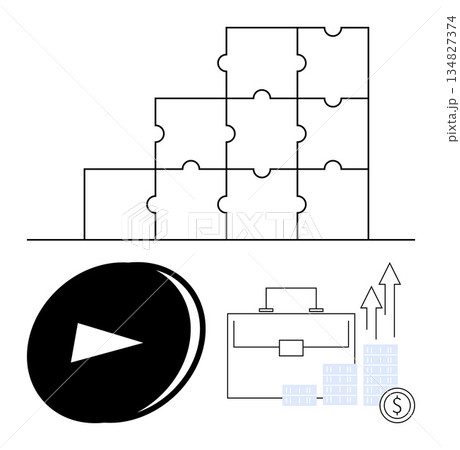 Business strategy, financial growth, teamwork, investment planning, success, decision-making. Puzzle stack, play button briefcase graph and currency symbol. Business strategy and financial growth Business strategy, financial growth, teamwork, investment planning, success, decision-making. Puzzle stack, play button briefcase graph and currency symbol. Business strategy and financial growth 134827374