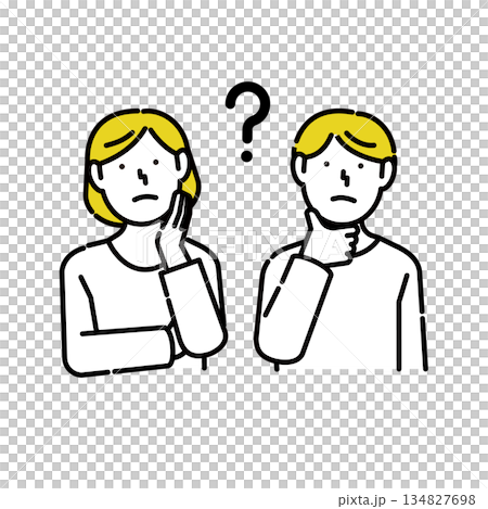 首を傾げて考える男女のイラスト｜疑問・質問・迷い・選択 134827698