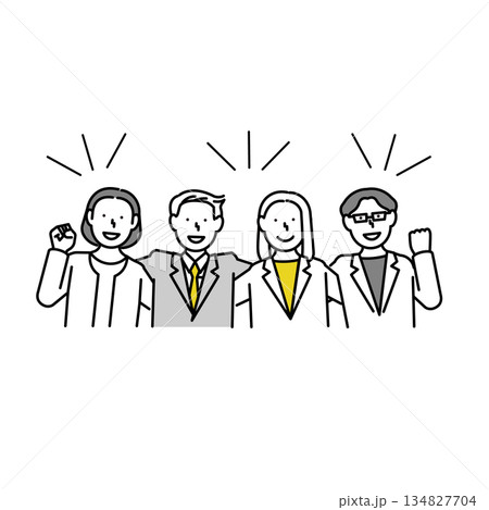 スーツ姿の男女が肩を組む上半身イラスト｜信頼・協力・チームワーク 134827704
