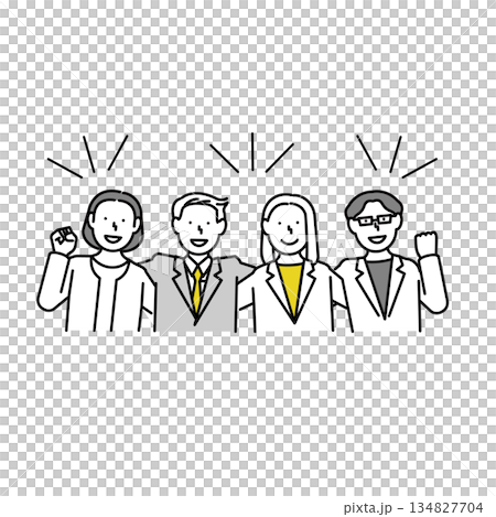 Upper body illustration of a man and woman in suits putting their arms around each other's shoulders | Trust, cooperation, teamwork Upper body illustration of a man and woman in suits putting their arms around each other's shoulders | Trust, cooperation, teamwork 134827704