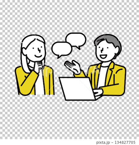 Upper body illustration of a man and woman in a suit talking while looking at a PC: Meeting: Explanation 134827705