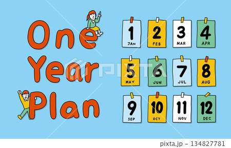 月ごとの1年の計画を立てる学生・家族・ビジネスマンのイラスト 月ごとの1年の計画を立てる学生・家族・ビジネスマンのイラスト 134827781