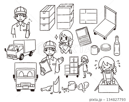 引っ越しイラストセット白黒2 134827793