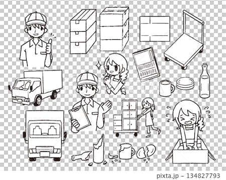 引っ越しイラストセット白黒2 134827793