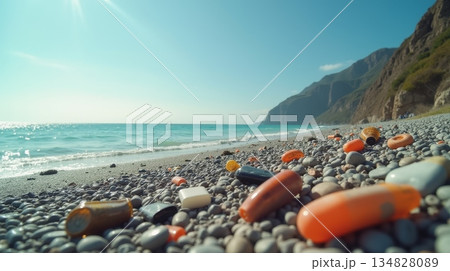 Pills and capsules scattered on pebble beach with ocean waves and mountains in background. Environmental pollution and drug waste concept 134828089