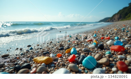 Colorful plastic waste scattered on pebble beach with ocean waves in background. Marine pollution and environmental contamination concept 134828091