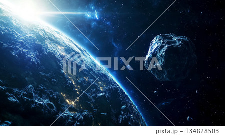 a massive asteroid approaching to a earth planet with a bright sun in the background. a massive asteroid approaching to a earth planet with a bright sun in the background. 134828503