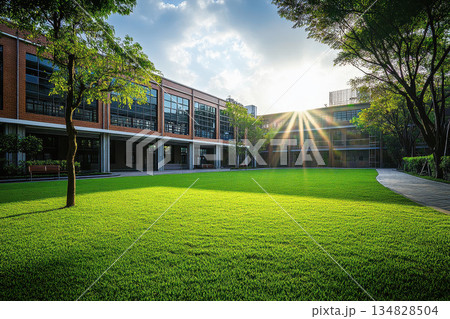 An exterior view of a public school building yard. College or university architecture, an outdoor view of a campus, high school construction, college or university landscape design. An exterior view of a public school building yard. College or university architecture, an outdoor view of a campus, high school construction, college or university landscape design. 134828504