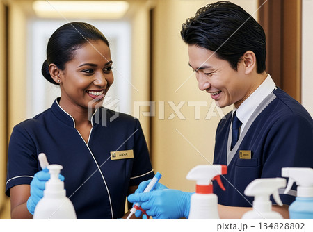 育成就労制度で活躍する黒人女性。ホテルの客室清掃とプロの技術 育成就労制度で活躍する黒人女性。ホテルの客室清掃とプロの技術 134828802